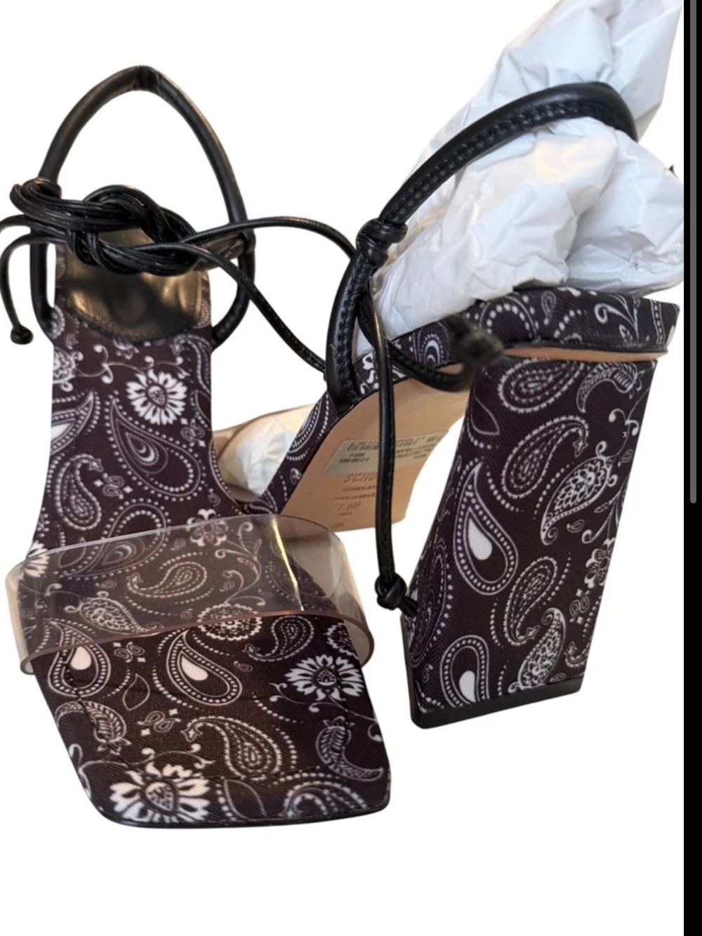 SCHUTZ paisley black white platform heels 6.5 NEW IN BOX